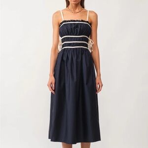 NWOT Wenrine Navy and White Midi Dress w/ ties!